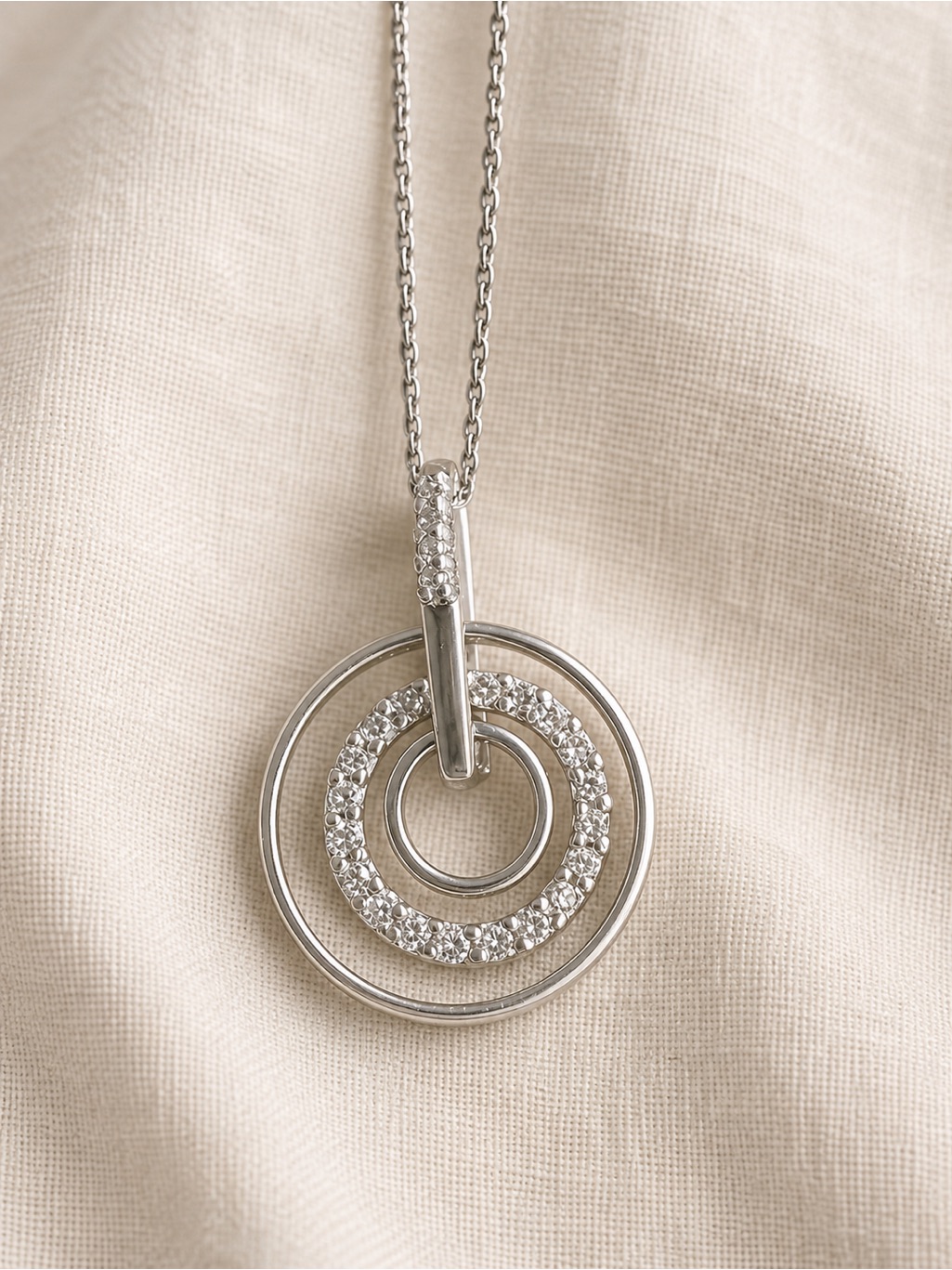 10 Kt White Gold Triple Circle Diamond Pendant Necklace  10 Kt White Gold